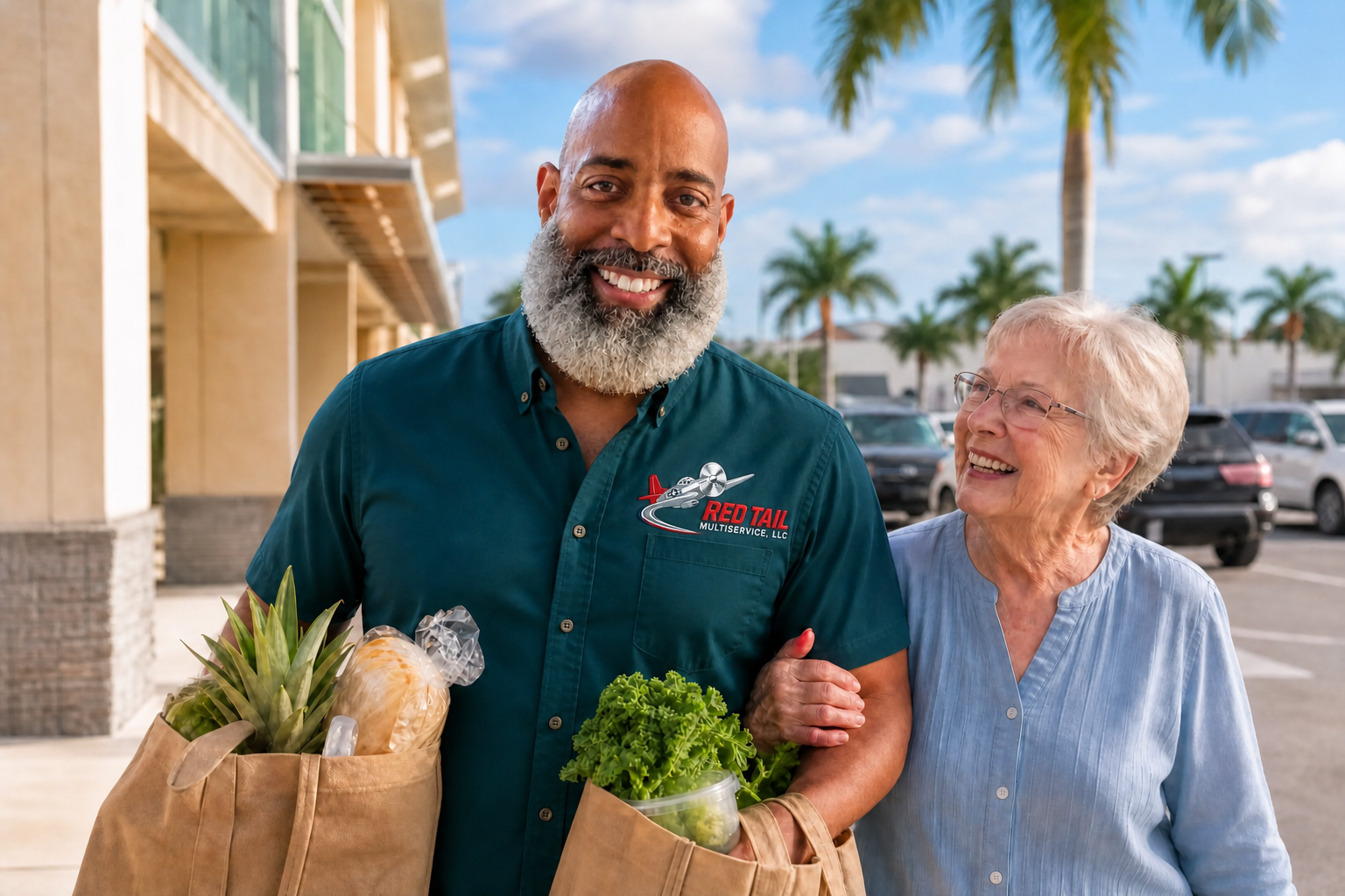 Jimmy Lanham III assisting a senior client with grocery shopping